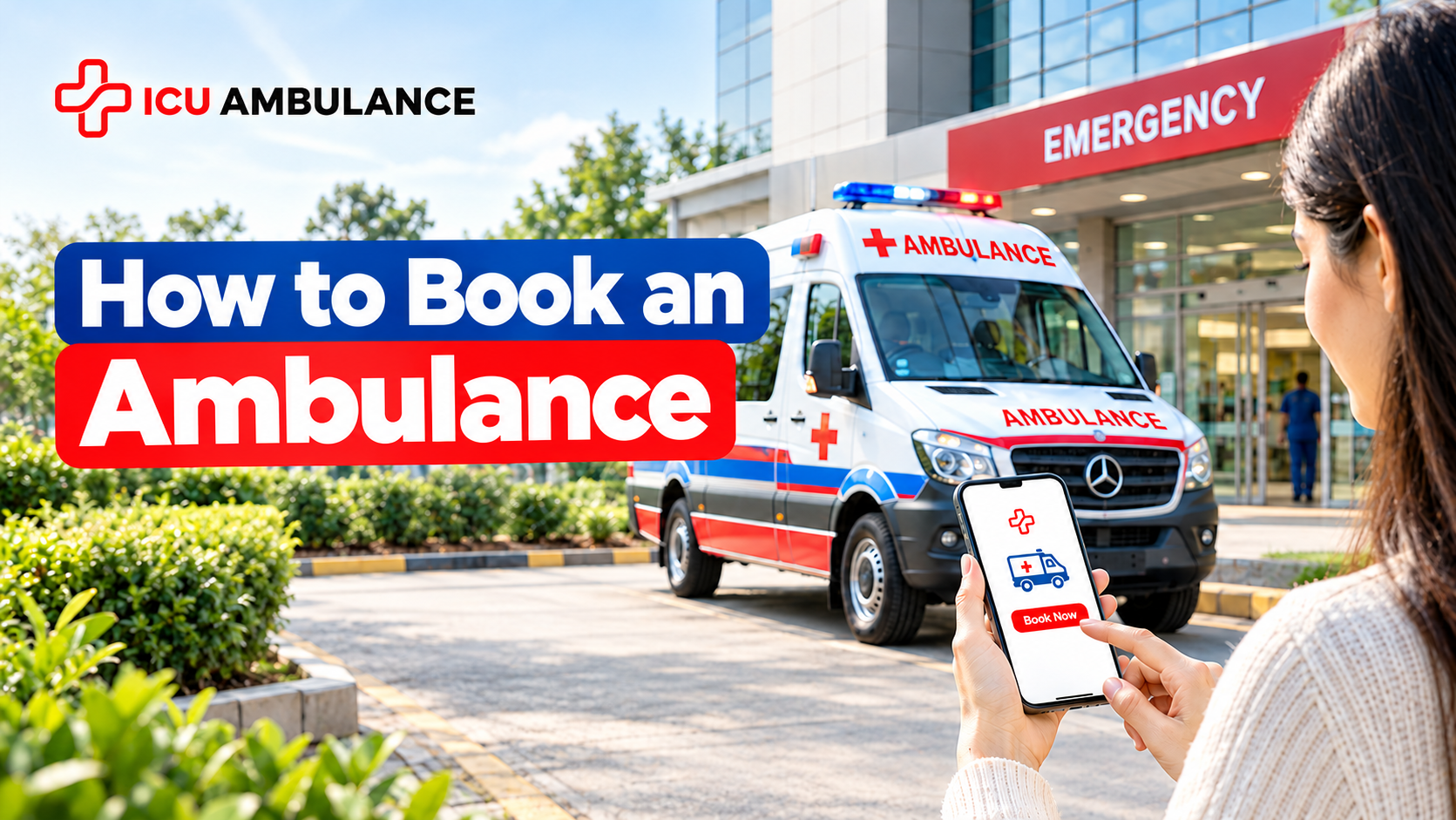 How to book an ambulance online: woman using a phone to book an ICU ambulance outside a hospital emergency entrance.